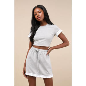 Lulus Sweet Score Heather Grey Ruffled Drawstring High-rise Mini Skirt - Size M